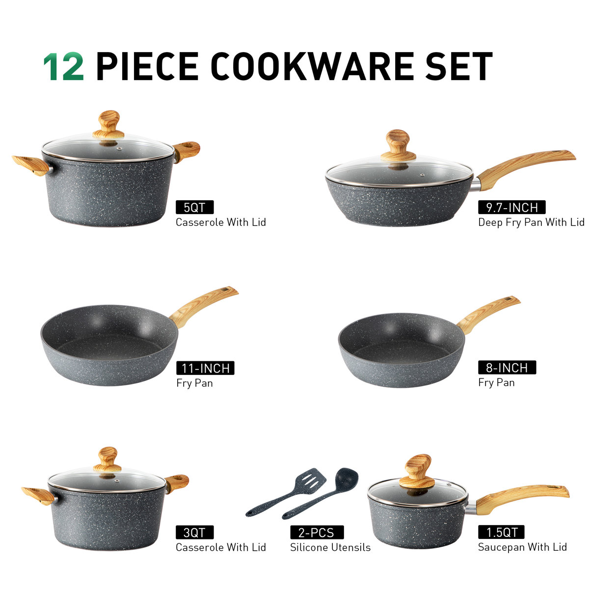 12 Piece Granite Black Nonstick kitchen Cookware Induction Pots and Pans Set